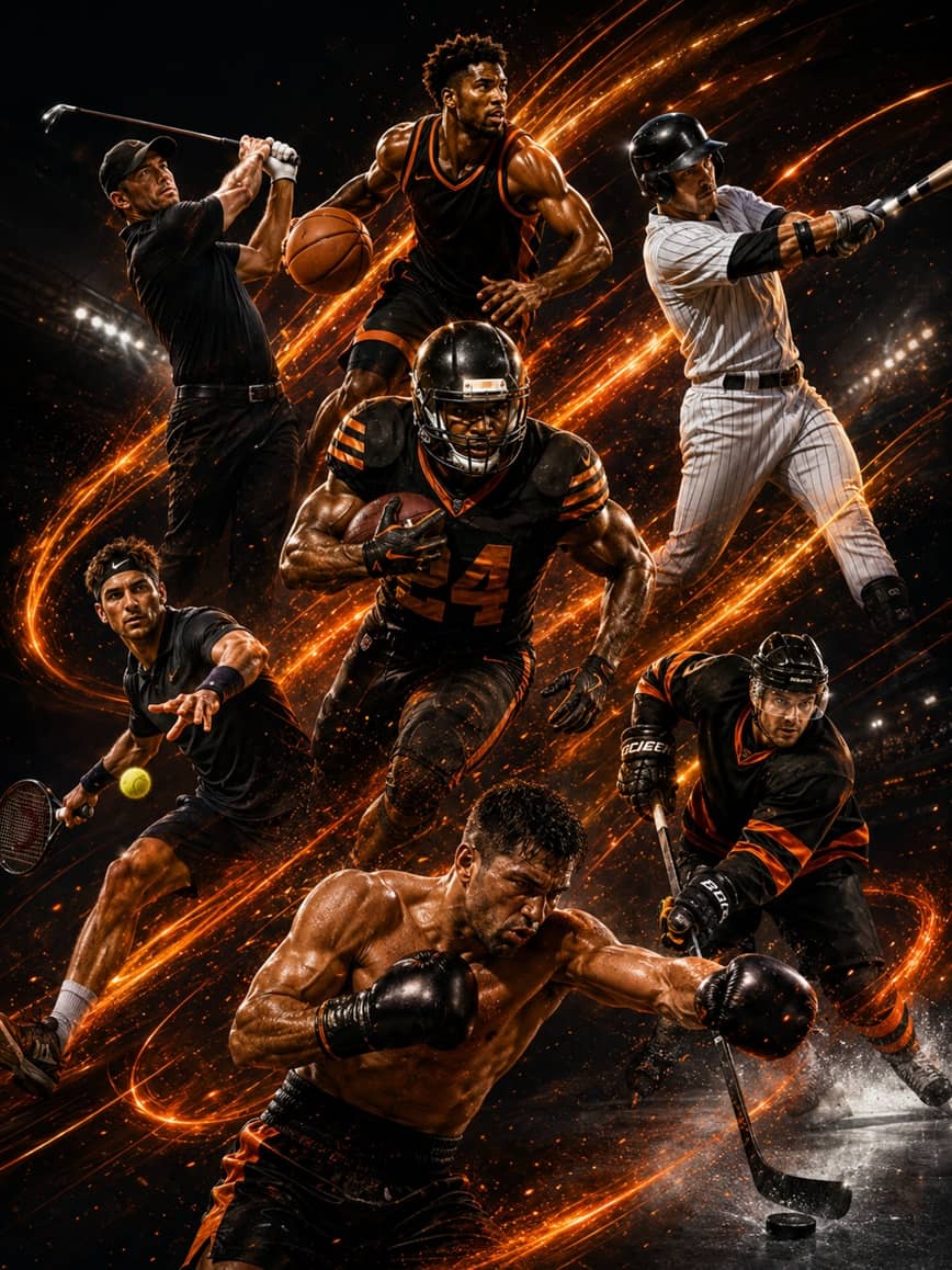 Collage of football, basketball, a UFC octagon and a tennis court