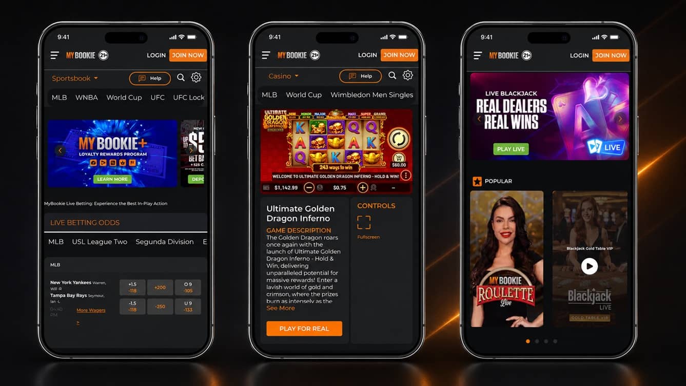 Editorial homepage visual covering the Mybookie sportsbook and casino