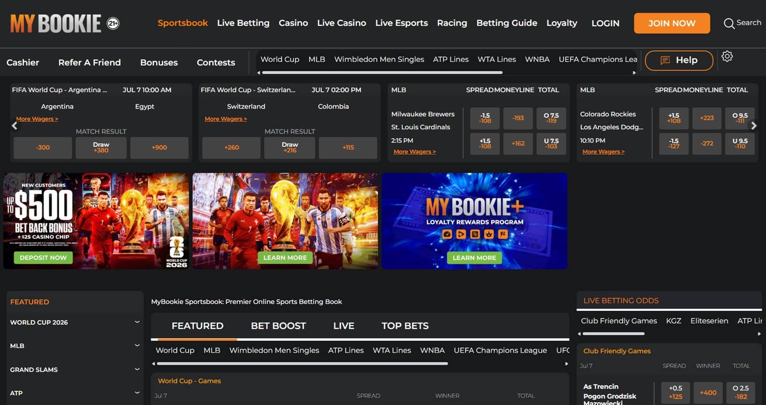 Wide banner showing the Mybookie sportsbook homepage on desktop